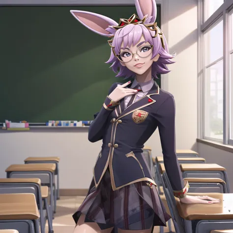 anime girl in a school uniform posing in front of a blackboard