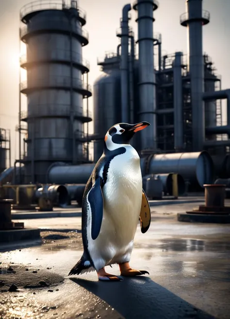 a (penguin:1.3) visiting port harcourt oil refinery, subsurface scattering, photorealistic, hyperrealistic, analog style, realis...