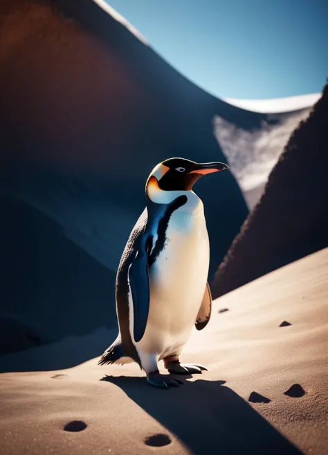 a (penguin:1.3) visiting nabiyotum crater, subsurface scattering, photorealistic, hyperrealistic, analog style, realistic, film ...