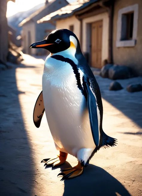 a (penguin:1.3) visiting tiébélé village, subsurface scattering, photorealistic, hyperrealistic, analog style, realistic, film p...