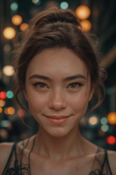 a close up of a woman with a black dress and a city background