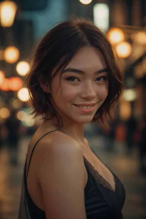 a close up of a woman in a black dress smiling