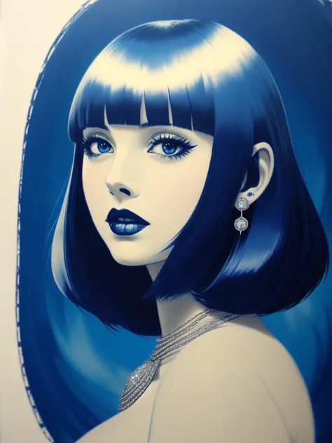 a close up of a woman with blue hair and a necklace