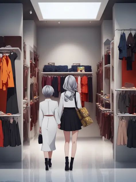 two women are walking through a clothing store with clothes on racks