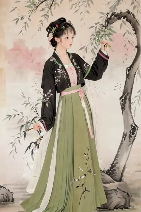 traditionelle chinesische Tuschmalerei,Weidenzweige,Weide im Hintergrund,Schwarz-Weiß-Tuschemalerei, 1 Mädchen,  (hanfu, Outfits im Song-Stil, rosa langer Shan, Grüner Faltenrock, weißes Songmo),