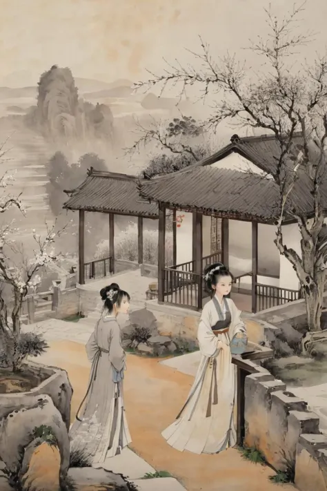 traditional chinese ink painting, black and white in kpainting, white ink painting, path, Ancient Chinese Mansions, fences, 1gir...