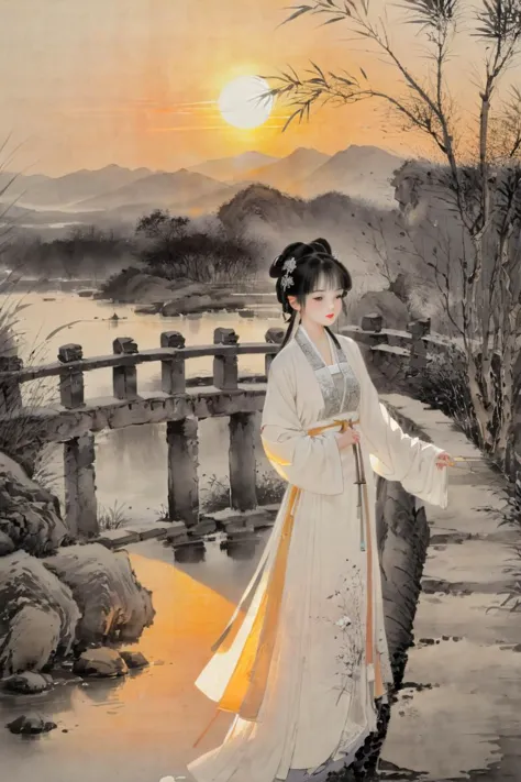 traditional chinese ink painting, black and white in kpainting, white ink painting, path, fences, backlighting, sunset, 1girl wearing hanfu,