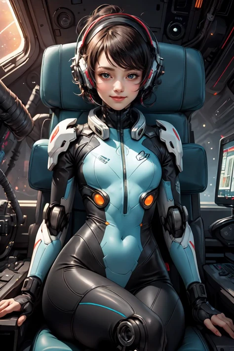 Obra maestra, mejor calidad, una mujer sentada en una silla con una computadora en la espalda y un teclado en su regazo, Eva Ryder, Laura Greasley, arte ciberpunk, arte espacial, chica piloto mecha, sonrisa, 1 chica, mecha, cabina, dentro del cuerpo delgado del robot, traje de cuerpo, tema de alta tecnología, cadera pequeña, alto detalle,  ciencia ficción ,