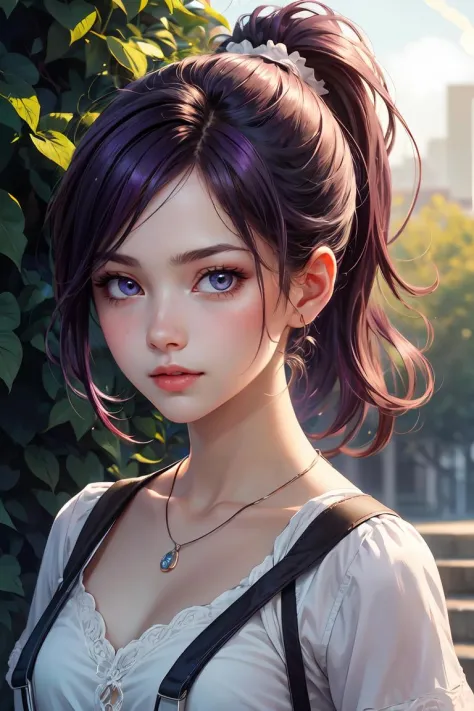 (masterpiece, best quality:1.2), high detail, (detailed face), detailed eyes, detailed background,dramatic lighting, 1girl, Flying hair, looking at viewer, upper body, (suspenders), ponytail, violet hair, sunlight, outdoors, necklace ,