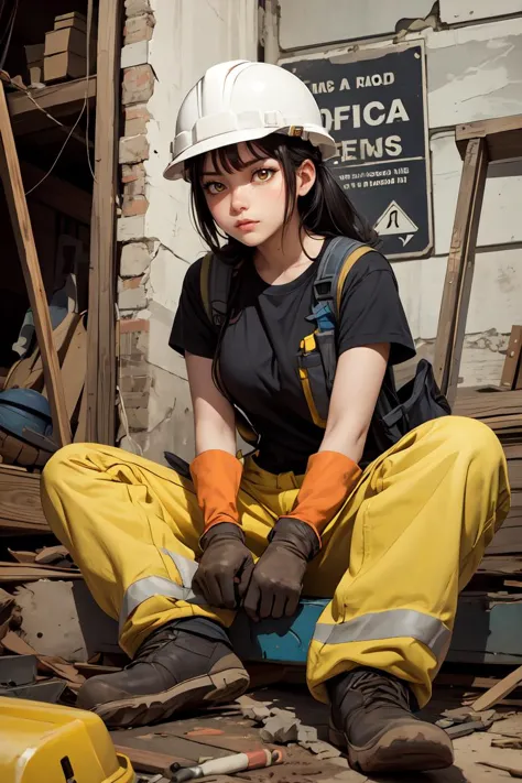 masterpiece, best quality, 1girl, repairing, tools, construction worker, warning sign, sitting, helmet, yellow eyes, black hair,...