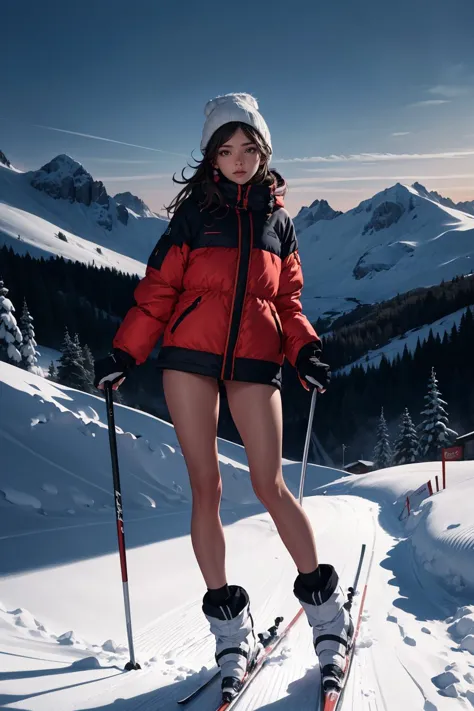 1girl, detailed face and hair, bare legs, skiing, snowy mountain, (highres, highly detailed:1.2), cinematic lighting, vibrant co...