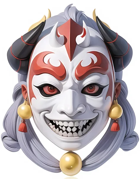 Japanese mask,horns,solo,no humans,red eyes,solo,colored sclera,horns,black background,mask,simple background,looking at viewer,teeth,black sclera,monster,High definition,adding details,high quality,