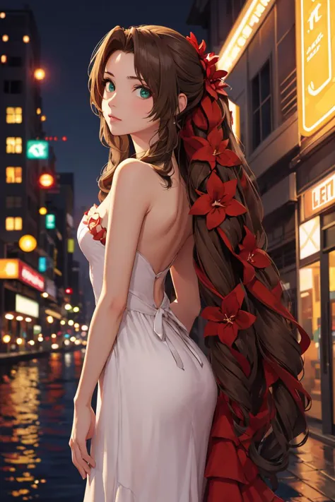 masterpiece, best quality, aerith gainsborough, very long hair, hair ribbons, hair flowers, strapless red dress, looking at viewer, cowboy shot, nighttime, waterfront, neon signs ,  