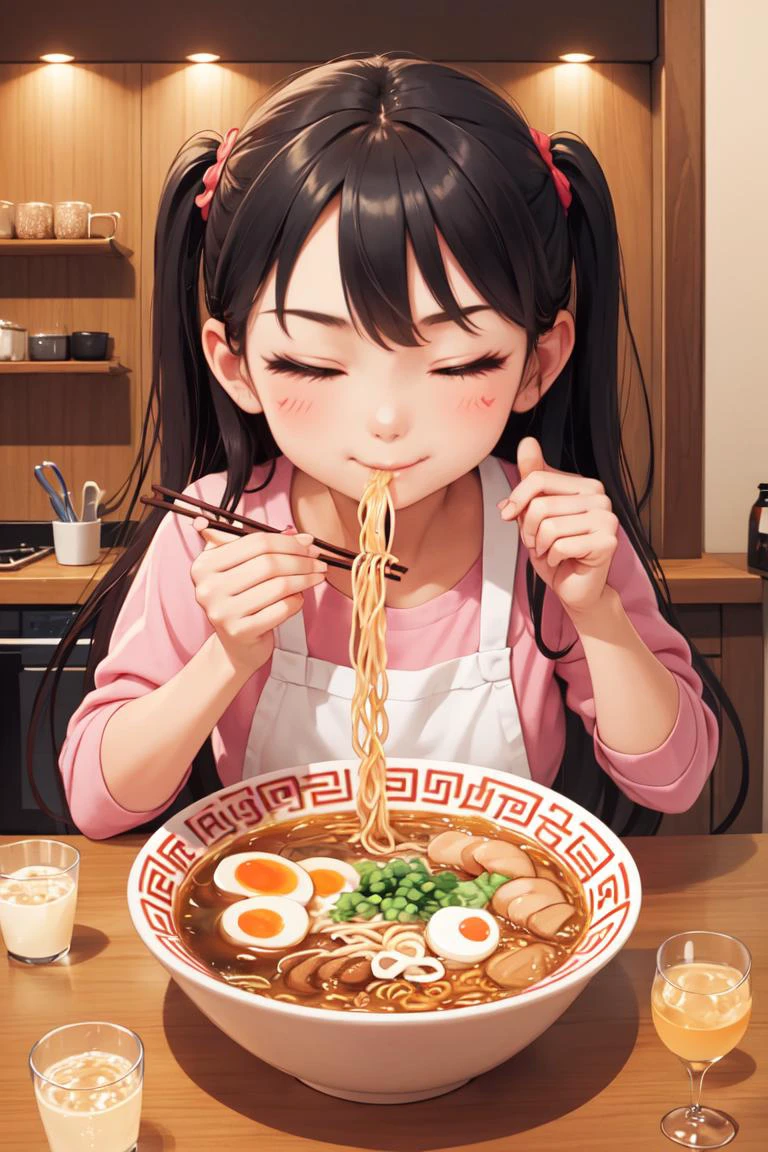 (chef-d&#39;œuvre, meilleure qualité), 1fille, seulement, visage mignon, kawaii, Ramen, baguettes, verre à boire, manger, cœur, heureux, yeux fermés, bouche fermée, cuisine,