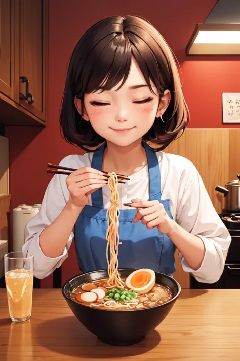 (masterpiece, best quality), 1girl, solo, cute face, kawaii, ramen, chopsticks, drinking glass, eating, heart, happy, closed eye...