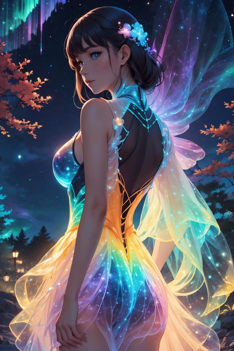 atemberaubende 8k, Meisterwerk, alleinstehende sexy Frau, (rainbow gradient Biolumineszierendes Kleid),  (sternenklarer nachthintergrund), Nebel, Polarlicht, ((draußen)), dunkler Hintergrund, von unten,Biolumineszierendes Kleid,