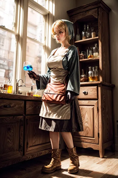 there is a woman in a dress and hat standing in a kitchen