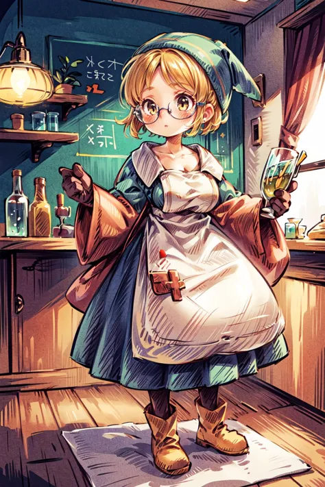 <lora:FinalFantasy_FemaleChemist:0.86>, ((ChemistFFT, short hair, blonde hair, brown eyes, blue head scarf, blue dress, long sleeves, apron, bag, gloves, boots,)):1.22,
BREAK((1woman, adorable, cute , clear face, solo), (full body:1.35), ((a woman wearing a sliver clear glasses):1.2)),
BREAK(perfect(anatomy,body,face,hand,leg,foot,finger),(yellow eyes, multicolored hairs, very long hairs):1.2, cleavage),
BREAK(soft light, light on face, cinematic lighting,dynamic angle, dynamic posture, detailed shadow, detailed lightning, (wide view, wide-angle lens)),
BREAK(beautiful detailed woman, glossy pink lips, (milky skin, shiny skin):1.25, makeup, blush,eyeliner, eyeshadow, eyelashes, textured skin, collarbone, perfect skin)
BREAK(<lora:more_details:0.7>, extremely detailed, CG, 8k Amazing, finely detail, (masterpiece:2.0, best quality), (intricate details, depth of field)),
BREAK((<lora:uber_saggy2:0.66>, saggy, sagging_breasts, (huge breasts))),
in laboratory, detailed chemist room, test glass, science glass, tube glass,