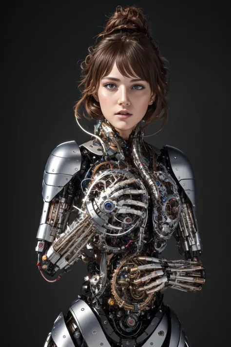 a woman in a silver suit with a robotic arm