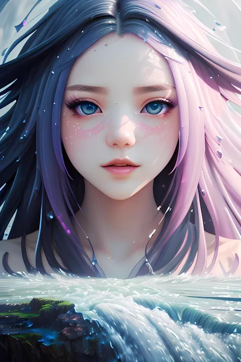 a girl with long hair and blue eyes standing in the water