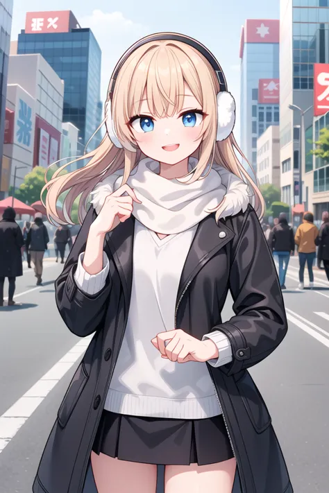 anime girl with headphones on walking down the street