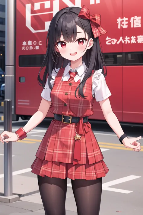 anime girl in a red dress standing on a street corner