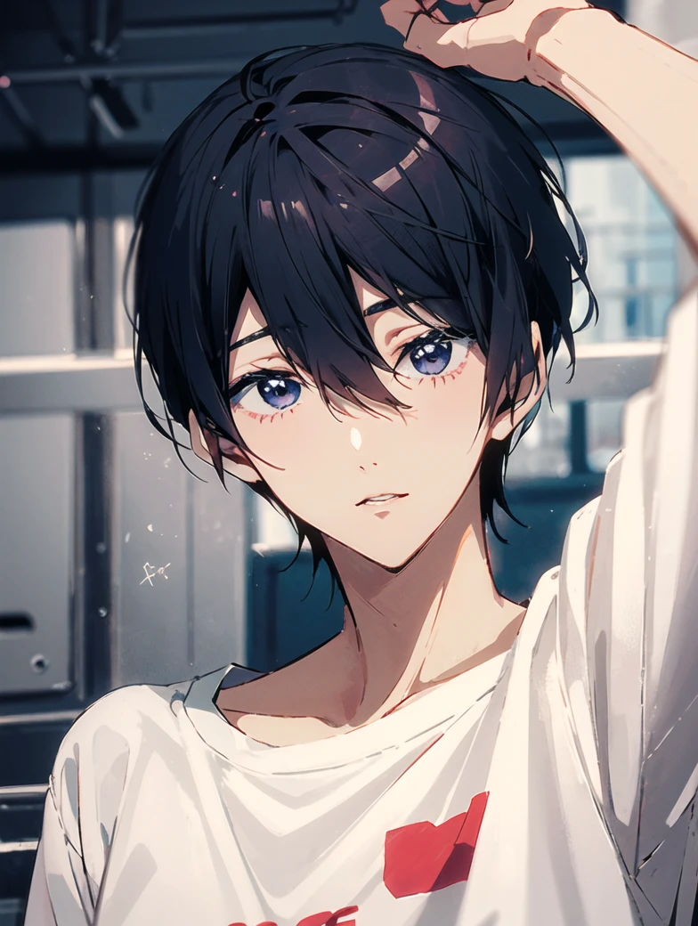 nanase_haruka (Free!) A man in a shirt with the words Free, cukupa_outfit
 