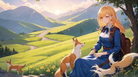 anime girl sitting in a field with a dog and a dog