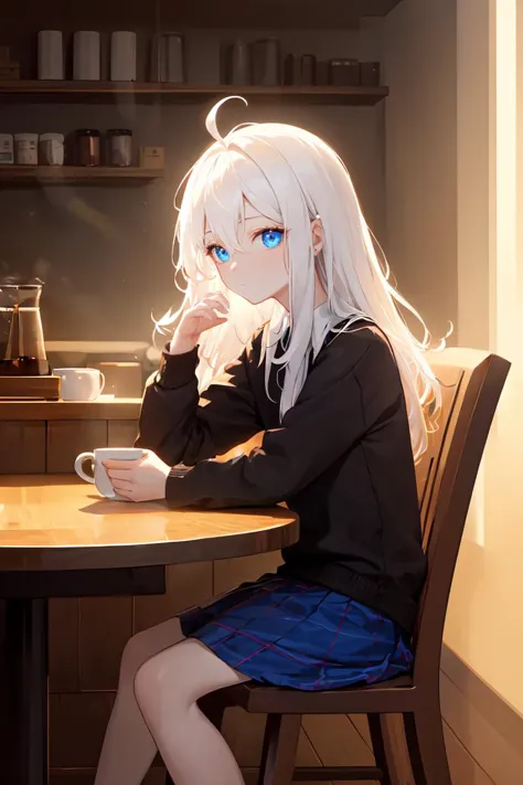 ((masterpiece)), (best quality), ((highres)), 4K, Detailed, (Ambient Light, Digital Art, Soft Lighting, light rays, extremely detailed 8K wallpaper:1.2), BREAK 1girl, (pale skin:1.1), white hair, ahoge, absurdly long hair, hair between eyes, flat chest, brightly glowing sapphire blue eyes, indoors, sitting, coffee, coffee machine, table, cup of coffee, skirt
