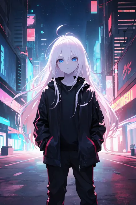 a girl with long white hair standing in the middle of a city street