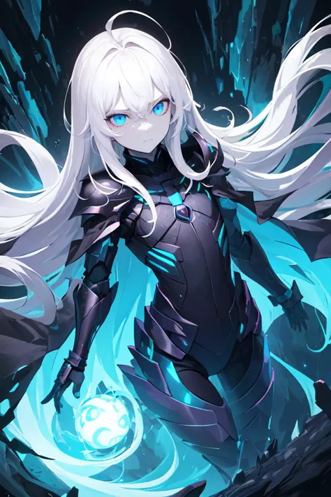 ((masterpiece)), (best quality), ((highres)), 4K, Detailed, (Digital Art, extremely detailed 8K wallpaper:1.2), BREAK 1girl, (pale skin:1.1), white hair, ahoge, (absurdly long hair:1.2), hair between eyes, flat chest, brightly glowing sapphire blue eyes, black knight, dark magic, dark energy, armored, black cloak, expressionless, cold attitude, eerie, dark, movie poster, exoskeleton, bodysuit, glow
