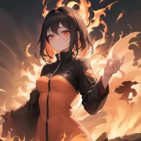 ((masterpiece)), (best quality), ((highres)), original, extremely detailed 8K wallpaper, a young maiden, no older than 19, hair as black as ash on the outside, yet glowing like burning embers on the inside,  (a scared expression rests on her face), ((as her body turns into flames)), (tears of hot magma pool at her eyes), that burn the ground beneath her,