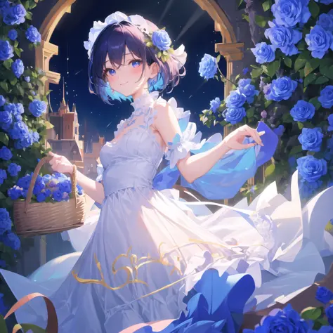 ((masterpiece)), (best quality), ((highres)), original, extremely detailed 8K wallpaper, castle town, 1girl, short blue hair, medium breasts, lightly glowing cyan eyes, small smile, light dress, holding a basket filled with blue roses