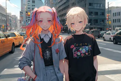 masterpiece, high quality, semi-realistic, 2boys, baggy clothes, forehead, multicolored hair, gothic style, busy street, soft shadows,