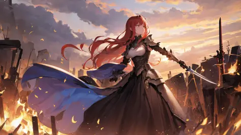 In the middle of the battlefield, amidst the chaos of clashing steel and screams of agony, stood a young woman. She was no ordinary girl, for she was a warrior of great skill and prowess, with ruby red hair that shone in the light of the flames surrounding her.

Her armour was covered in blood, both her enemies' and her own, and her sword glowed a deep crimson from the blood it had spilled. She had been fighting for hours, it seemed, her body tired and her mind weary from the never-ending battle.

But she stood her ground, determined to fight to the bitter end. And as the enemies closed in on her, she swung her sword with all her might, cutting through flesh and bone like butter. The sword sang as it sliced through the air, the sound of steel on steel ringing through the field.

The bodies of her foes lay strewn around her, frozen in time, as if the battle had come to a standstill. The girl looked upon them with a mixture of satisfaction and sorrow, for she knew that each one had once been a living, breathing human being, with hopes and dreams and loved ones waiting for them at home.

But the war had consumed them, just as it had consumed so many others before them. And so she stood, surrounded by the dead and dying, with nothing but her sword and her own fierce determination to keep her alive.

The field was littered with weapons of all kinds, plunged into the ground as if they had grown there. There were swords, maces, axes, and even bows, each one a testament to the brutality of the battle that had been waged here.

But despite the carnage, the girl remained steadfast. She knew that she had to keep fighting, for the sake of her people and the ones she loved. And so she took up her sword once more, ready to face whatever lay ahead.

For she was a warrior, and her spirit burned brighter than the flames that surrounded her. And as long as she had breath in her body and the will to fight, she would continue to stand her ground, no matter what horrors lay ahead.