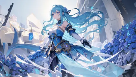 in a frozen battlefield, surrounded by a sea of lightly glowing blue roses, stood a young girl in armor. she looked to be around...