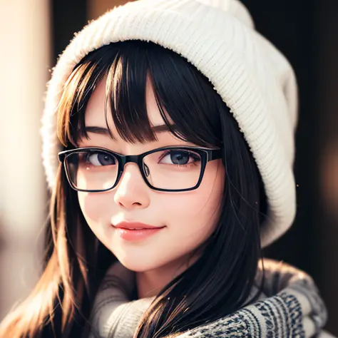 (masterpiece),(best quality:1.0), (ultra highres:1.0), detailed, 1 girl, looking up, eyeglasses, winter, winter outfit, detailed beautiful skin, ((soft filter)), smile, face focus, detailed eye, nsfw, topless, look at camera, depth of field  <lora:koreanDo...