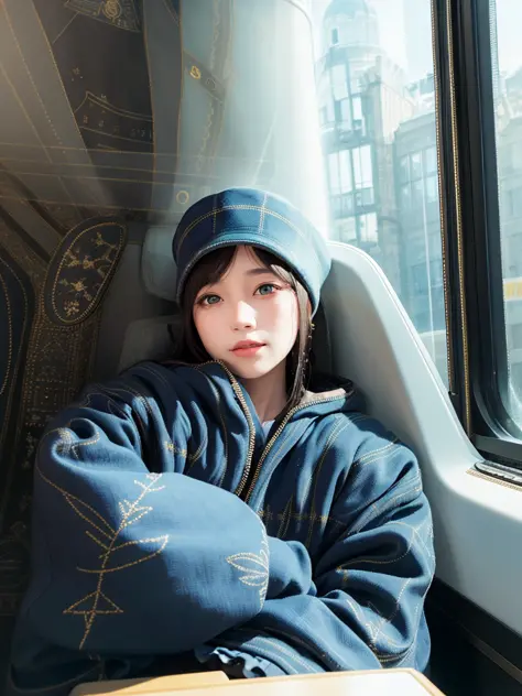 <lora:schoolmax25d_11:0.8>, <lora:kobeni_v10:0.3>, a girl, sit on the  morden train, windows seat, hat, Down jacket, (sharp focu...