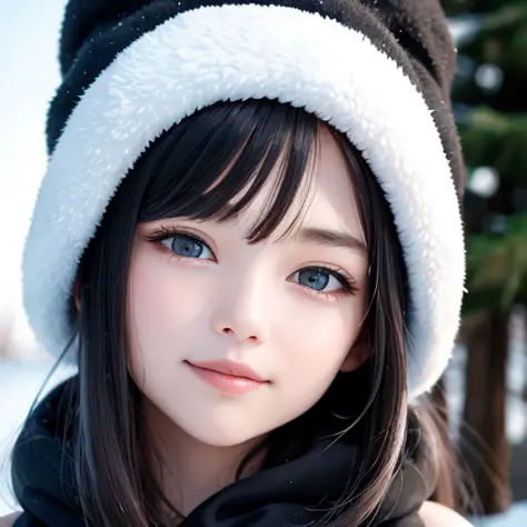 (masterpiece),(best quality:1.0), (ultra highres:1.0), detailed, 1 young girl, looking up, winter, winter outfit, detailed beautiful skin, soft filter, smile, face focus, detailed eye, nsfw, topless, look at camera, depth of field  <lora:koreanDollLikeness...