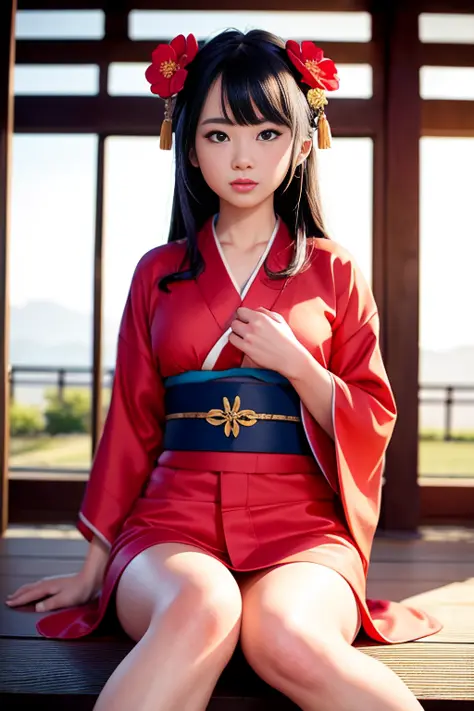 neko girl, (kimono:1.4), sits at an ancient temple,(masterpiece), (photorealistic: 1.3), ultra-detail, (high detail Skin Detail:...
