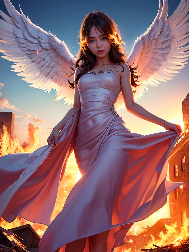 Uma imagem média de um anjo subindo ao céu sobre uma cidade em chamas, iluminação dramática, afiado, detalhes, chamas, fogo, edifícios em chamas,  olhando para o espectador, textura detalhada da pele, lindo rosto detalhado, ultra detalhado, intricate detalhes,
