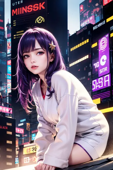 (masterpiece),(best quality:1.0), (ultra highres:1.0), (bent over), detailed clothes,  blunt bangs, braid, wide-sleeved kimono, hair ornament, white japanese clothes, (red obi:1.4), (purple hair:1.4), very long hair, straight hair, detailed face, cool face, (smooth chin:0.85), closed mouth,  looking at viewer, beautiful eyes, detailed eyes,  (ulzzang-6500:0.7), skirt, (from below:1.1), (cyberpunk city:1.4), from side, (rooftop:1.5), (star \(sky\):1.3), photon mapping, physically-based rendering, RAW photo, highly detailed background, (photo realistic:1.35), high res, perspective,