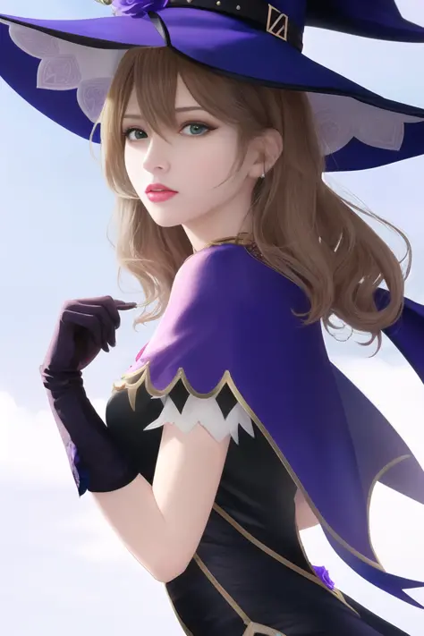 a beautiful girl, perfect face, arms at sides, masterpiece, ultra high res, high quality, 4k, upper body:1.5,  lisa \(genshin impact\), urple witch hat, green eyes, brown hair, (PureErosFace_V1:0.008), (european:1.6), bangs, dress, rose, jewelry, witch, capelet, purple headwear, black gloves, purple flower, hair between eyes, purple rose, parted lips, purple capelet, hat flower, multicolored dress, hair ornament,  windmill, from side,