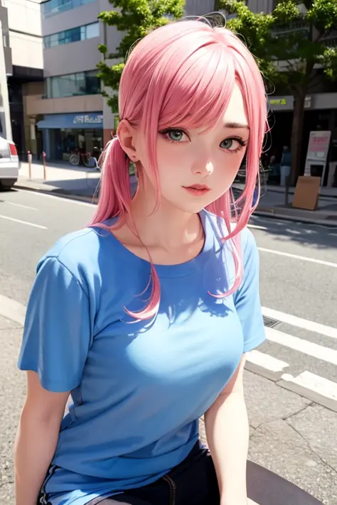 1girl with pink hair sitting on a sidewalk with a blue shirt, (masterpiece), (best quality:1.0), (ultra highres:1.0), detailed illustration, portrait, detailed, detailed beautiful skin, dim light,grim theme