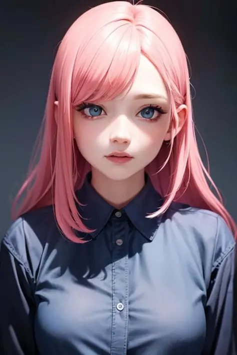 1girl, pink hair, blue shirt, (masterpiece), (best quality:1.0), (ultra highres:1.0), detailed illustration, portrait, detailed, detailed beautiful skin, dim light,grim theme
