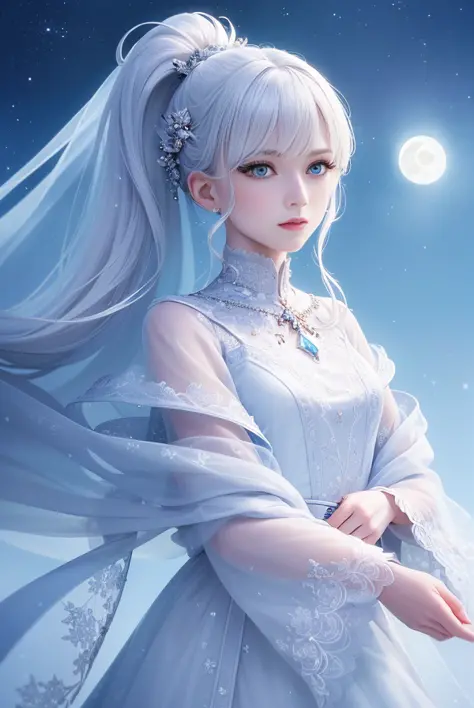 masterpiece, (best quality:1.2), (ultra-detailed:1.2), illustration, (an extremely delicate and beautiful:1.2),cinematic angle,floating, (beautiful detailed eyes:1.1), (detailed light:1.1),cinematic lighting, beautifully detailed sky, women, white hair, bl...