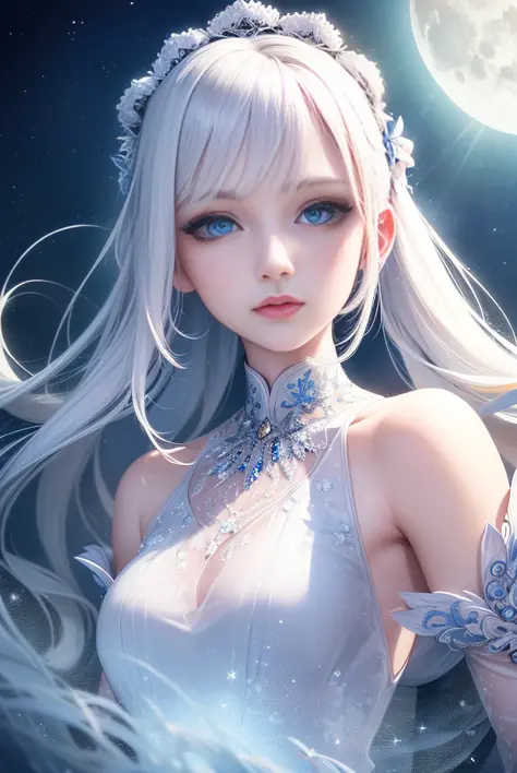 masterpiece, (best quality:1.2), (ultra-detailed:1.2), illustration, (an extremely delicate and beautiful:1.2),cinematic angle,floating, (beautiful detailed eyes:1.1), (detailed light:1.1),cinematic lighting, beautifully detailed sky, women, white hair, bl...