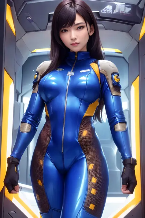 (solo), (a woman in a futuristic suit standing), (sci-fi), (futuristic), (tight space suit:1.6), looks into viewer, Motoko Kusanagi, artstation, cyberpunk 2077, hyperrealistic, (masterpiece:1.0), (best quality:1.4), (ultra highres:1.2), (photorealistic:1.4...