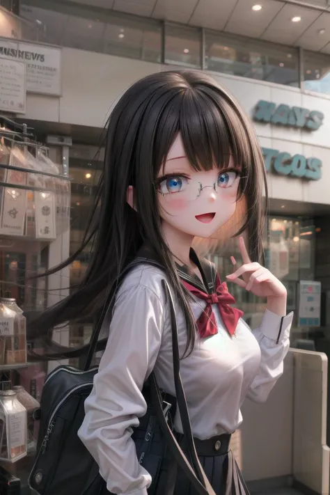 insanely detailed, absurdres, ultra-highres, ultra-detailed, best quality, 
BREAK
slender, kawaii, perfect symmetrical face, ultra cute girl, ultra cute face, ultra detailed eyes, ultra detailed hair, ultra cute, ultra beautiful,
1girl, glasses, medium breasts, black hair, school uniform, school bag, smile, laughing, solo focus, 
ths, storefront, photo background,indoors, shop