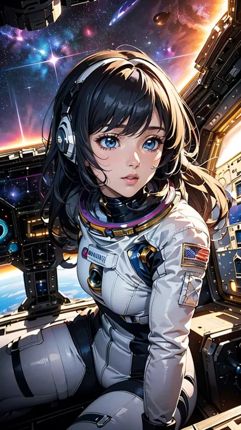 (best quality, masterpiece, colorful, dynamic angle, highest detailed) fashion photography of cute astronaut girl with long iridiscent colorful hair, in space (intricate details, hyperdetailed:1.15), detailed, sunlight passing through hair, (beautiful galaxy background), (official space art, extreme detailed, highest detailed), HDR+